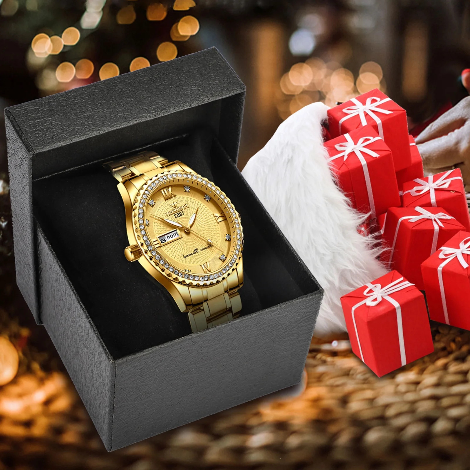 Classic Diamond Gold Watches for Men, Stainless Steel Waterproof Dress Watch, Me
