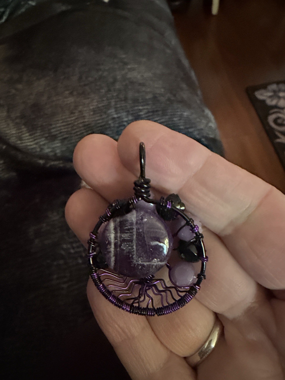 Handmade Purple & Black Wire Wrapped Floral Rose Round Pendant Charm