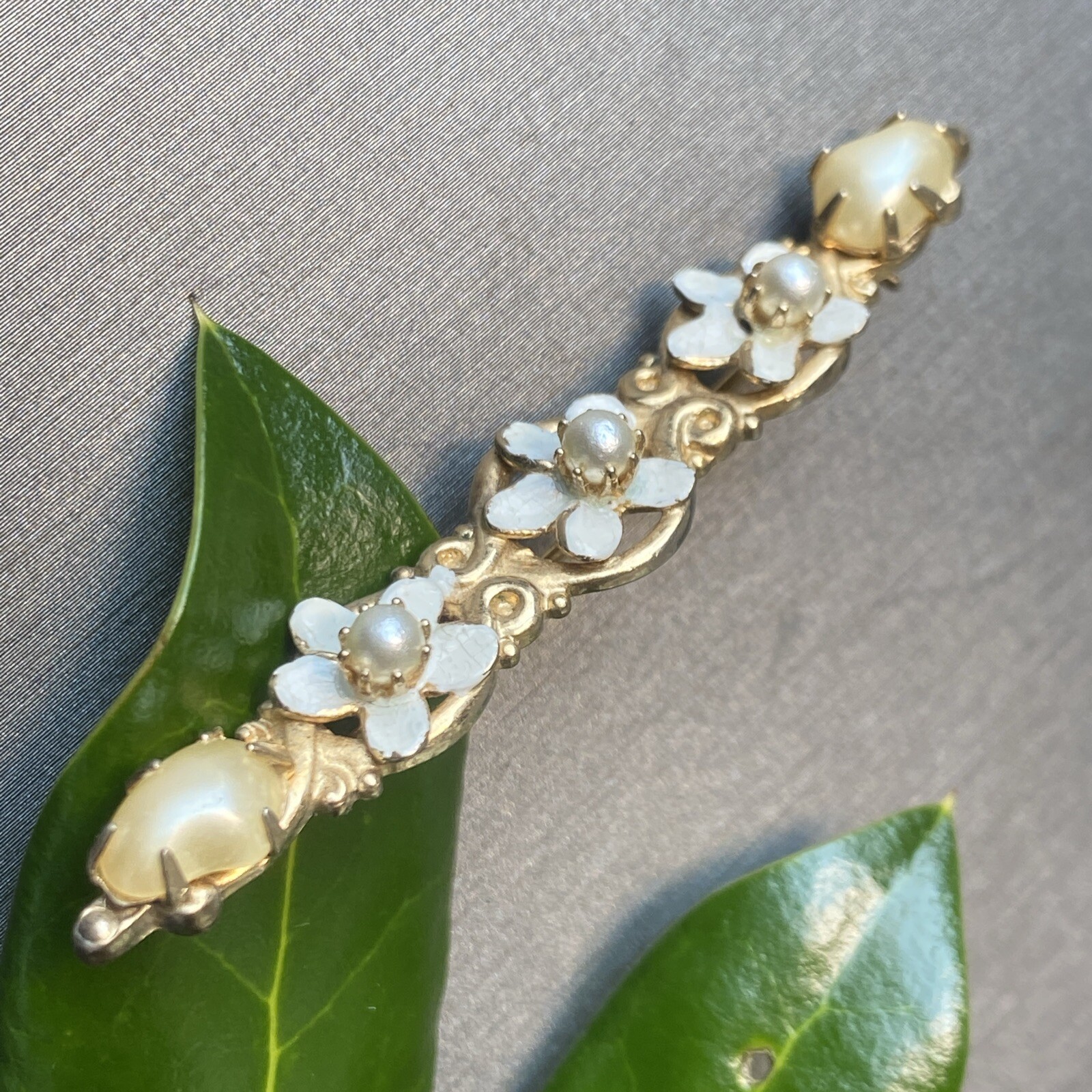 Vintage Pearl Bar Brooch Estate Fine Jewelry Pre-owned Sterling Silver Vermeil