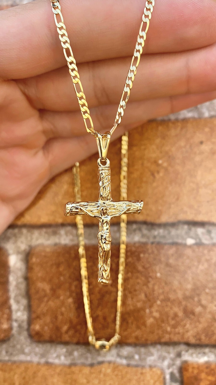 14K Gold Filled Cross Necklace CZ Figaro Chain Mens Womens Crucifix Cadena Cruz