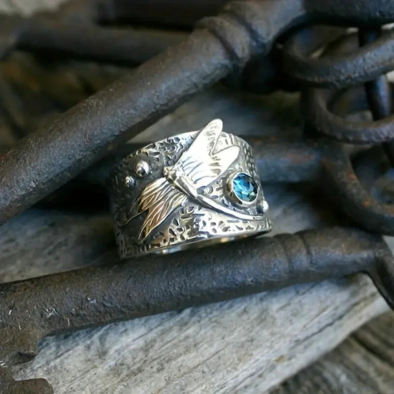 925 Sterling Silver Blue Topaz Charm Dragonfly Wedding Engagement Ring Size 7.5