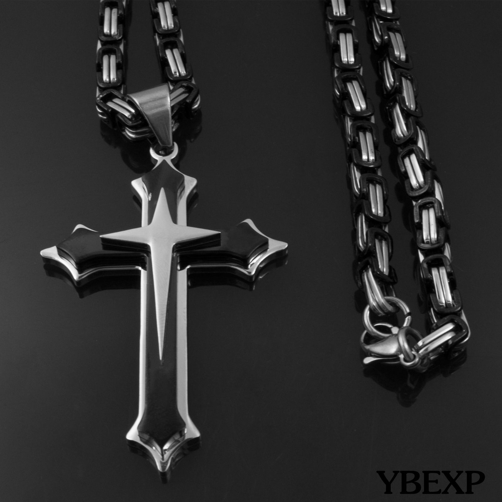 20”-36”Men Stainless Steel Cross Pendant Black Necklace Byzantine Box Necklace