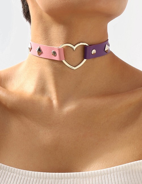 Silver Heart Pendant Choker Necklace Women Stud Snap Pink Purple Necklace
