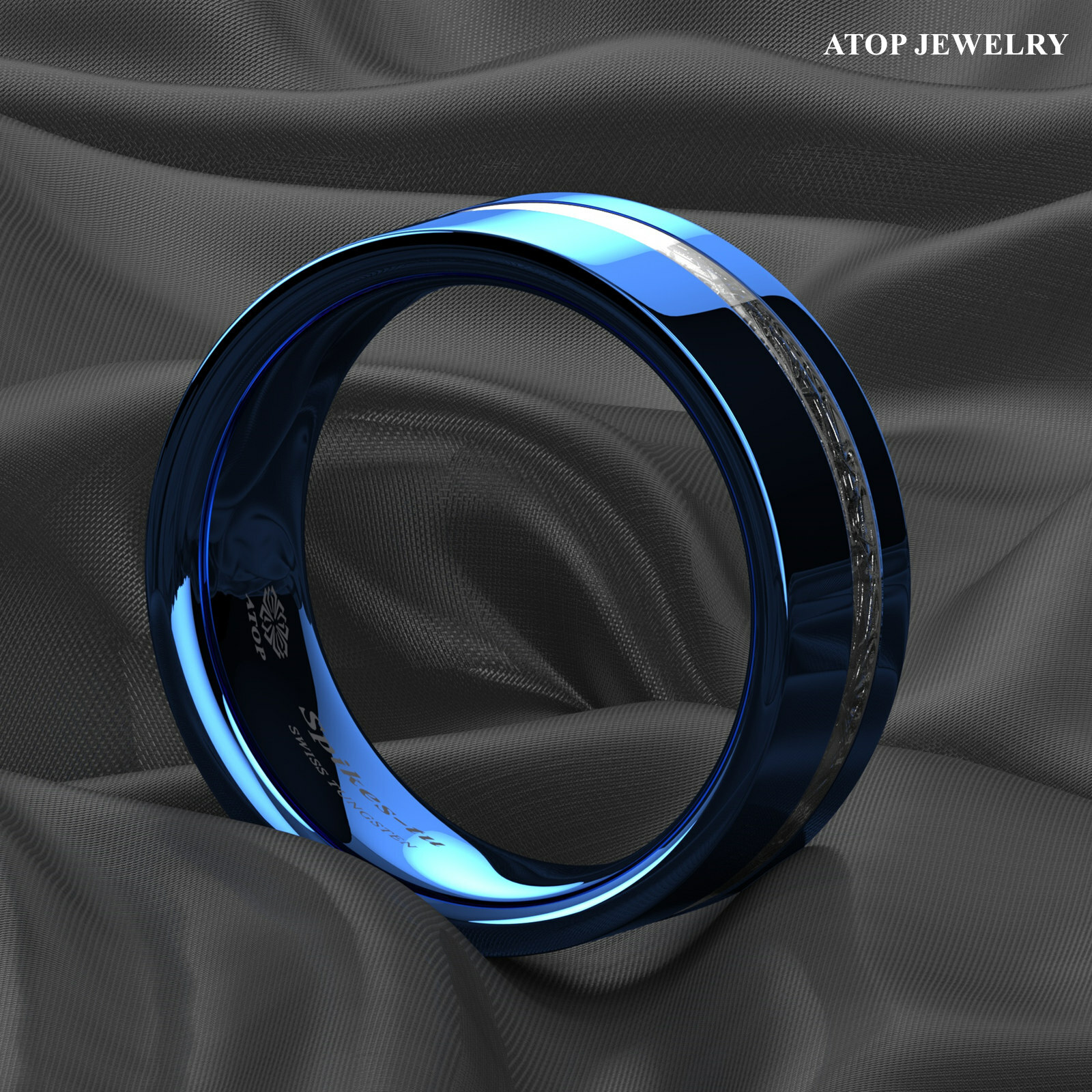 8mm ATOP Blue Tungsten Ring 925 Silver Inlay for Mens Comfort-fit Wedding Band