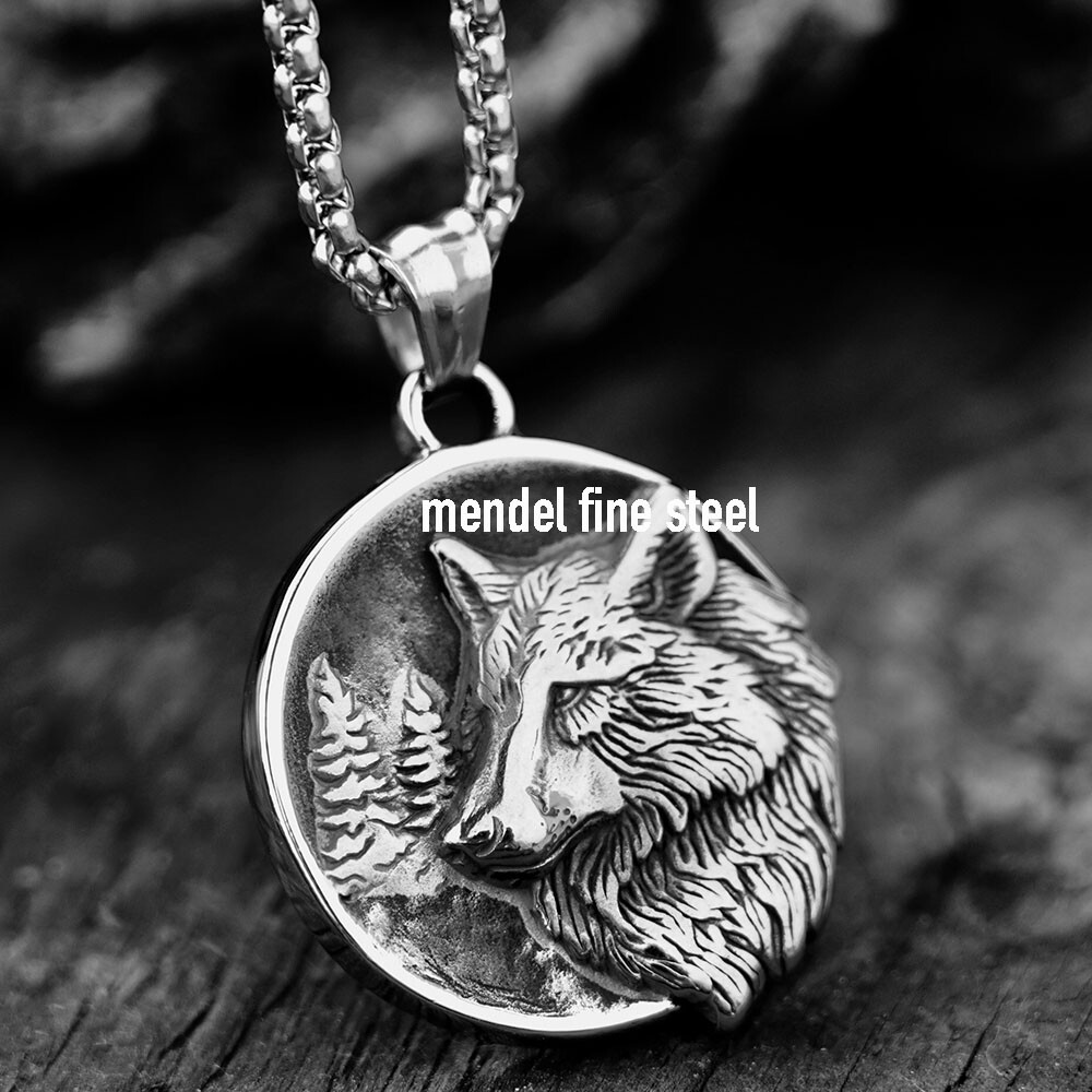 MENDEL Mens Stainless Steel Gold Plate Viking Wolf Head Pendant Necklace For Men