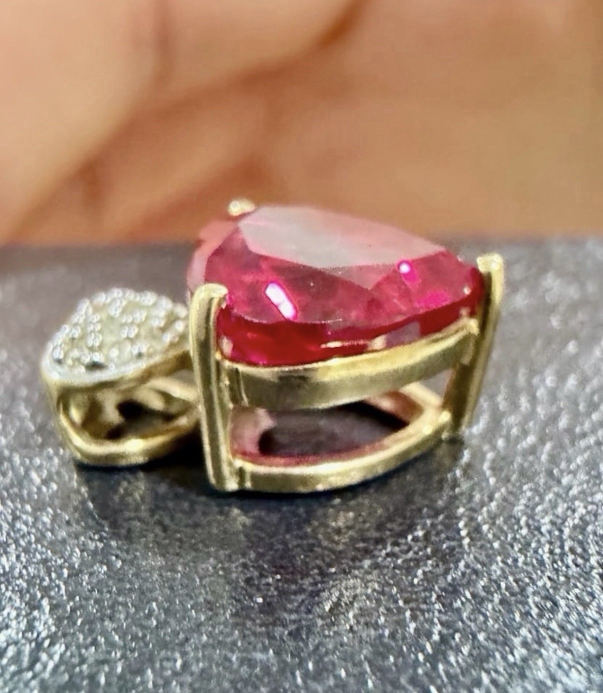 10K Multi Tone Yellow & White Gold Unknown Red Stone Heart Shaped Pendant