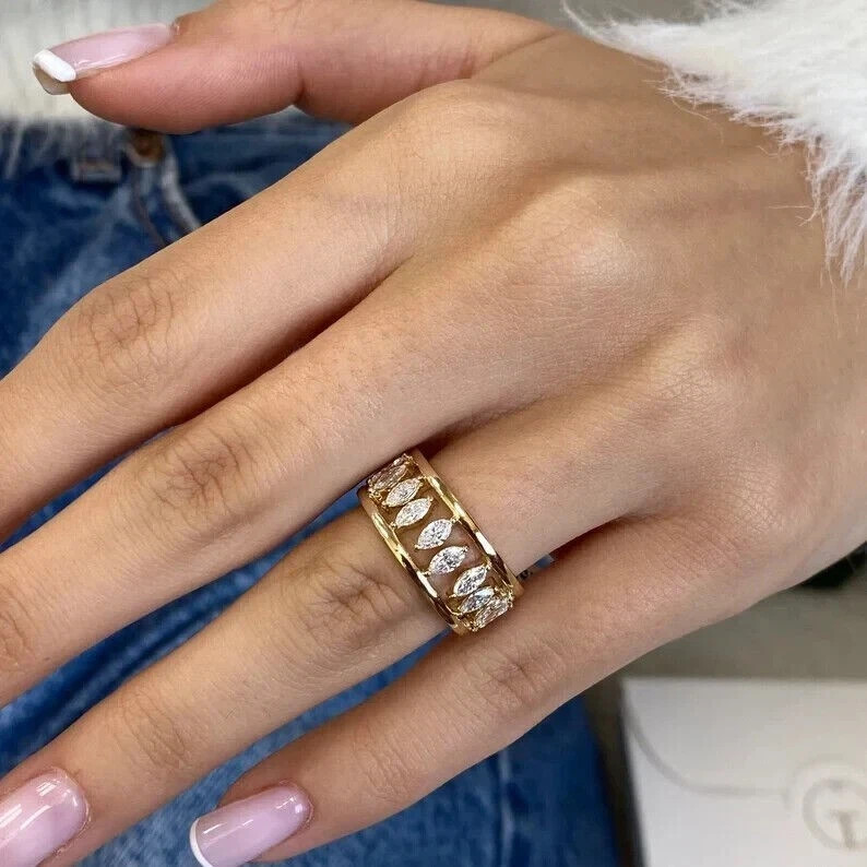 2 Ct Marquise Cut Simulated Diamond Engagement Band Ring 14k Yellow Gold Plated