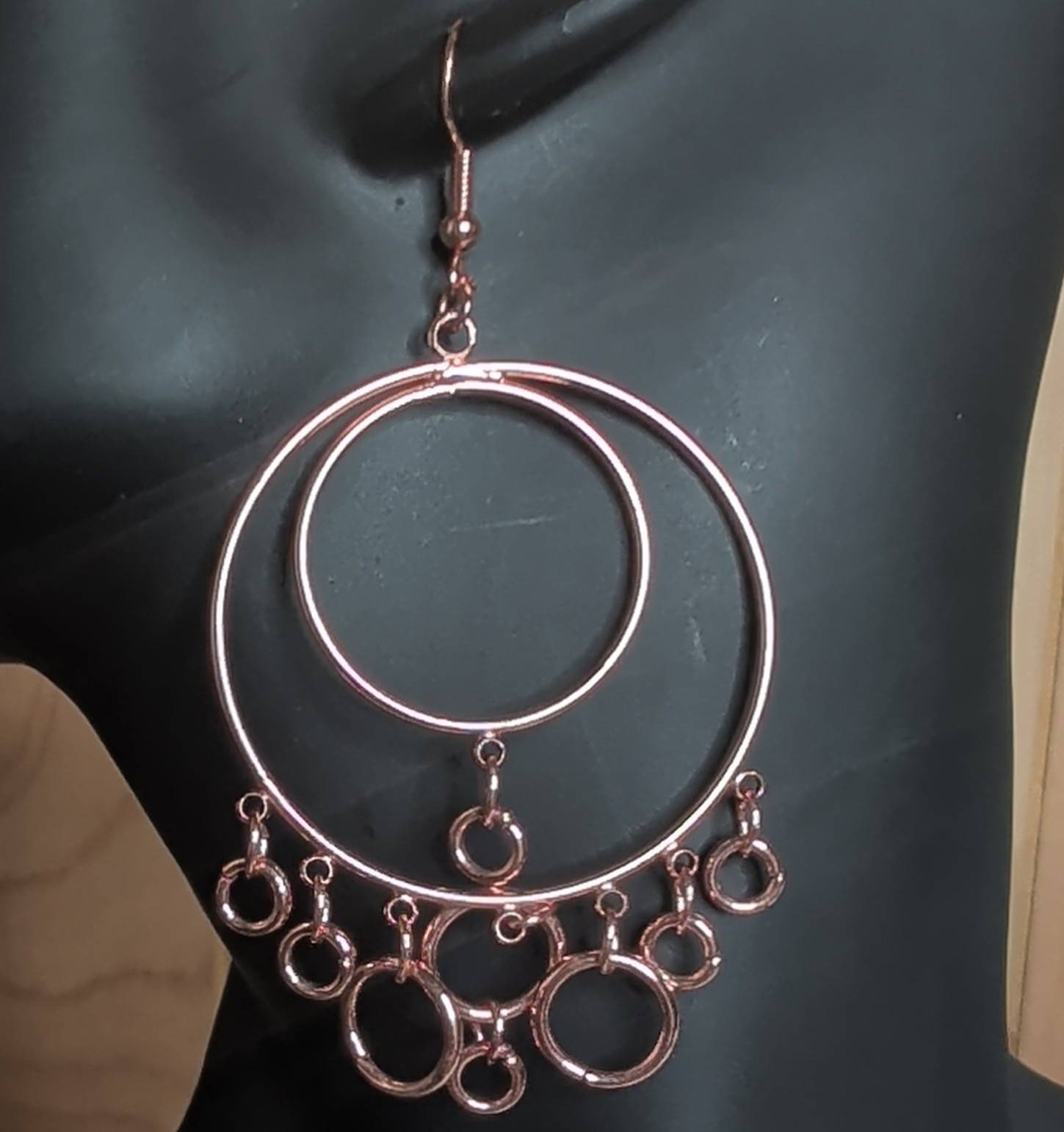 Rose Gold Plated Double Hoop Round Dangle/Drop Earrings Hook Closure No Stone