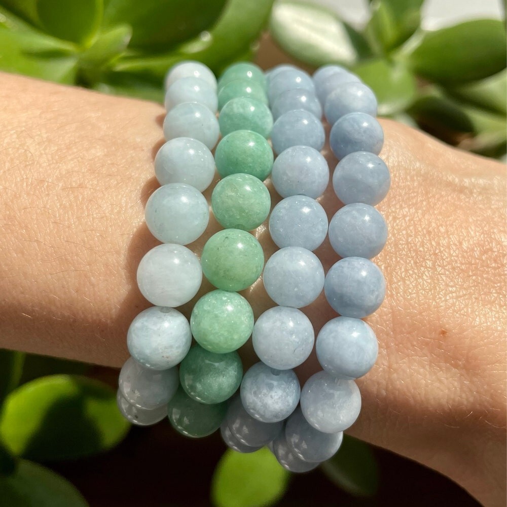 Natural 8mm Aquamarine Stone Bracelet Aqua Crystal Stretch Bracelet Handmade
