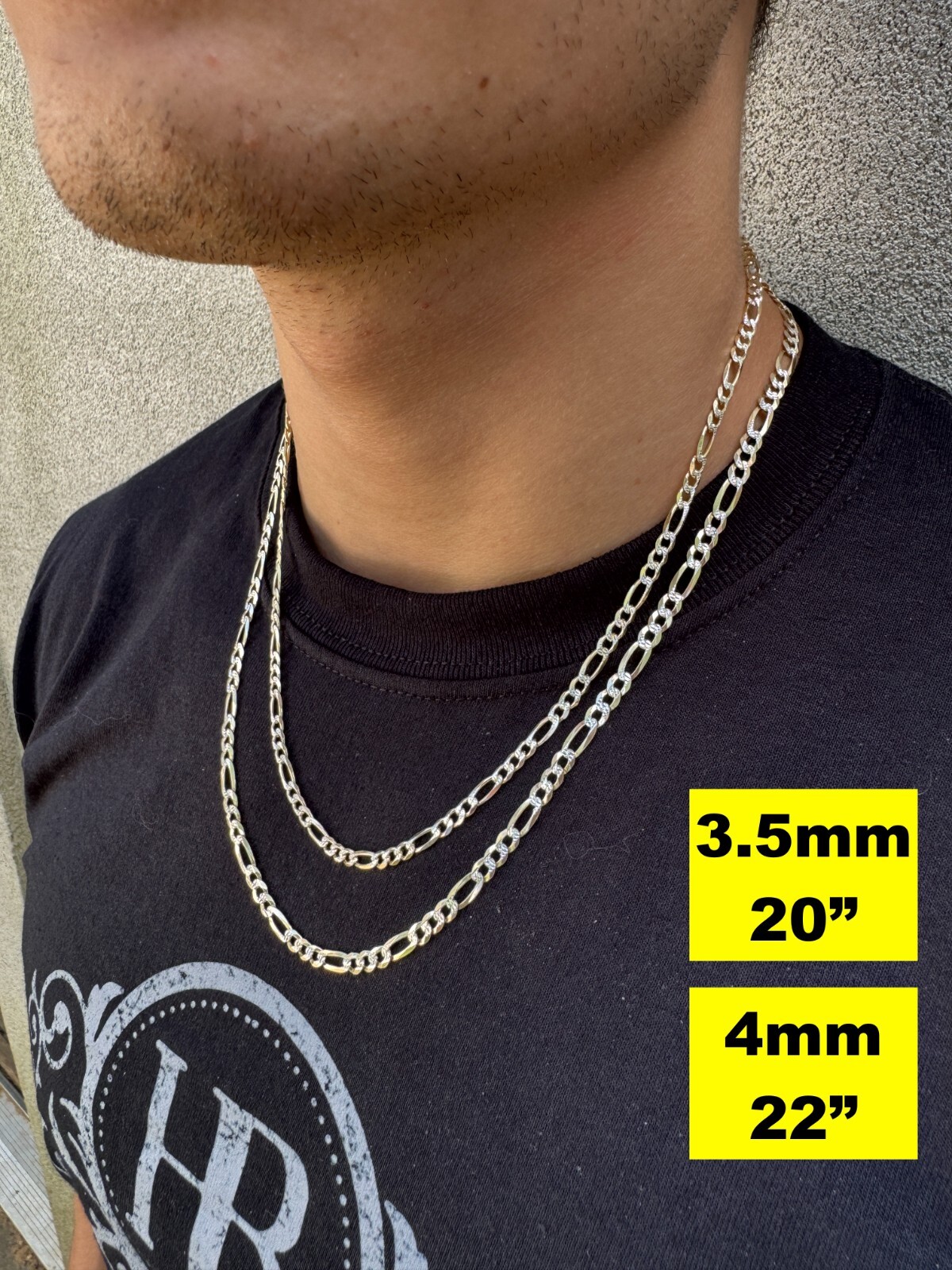 14k Gold Plated Solid 925 Sterling Silver Figaro Link Chain Two Tone Diamond Cut