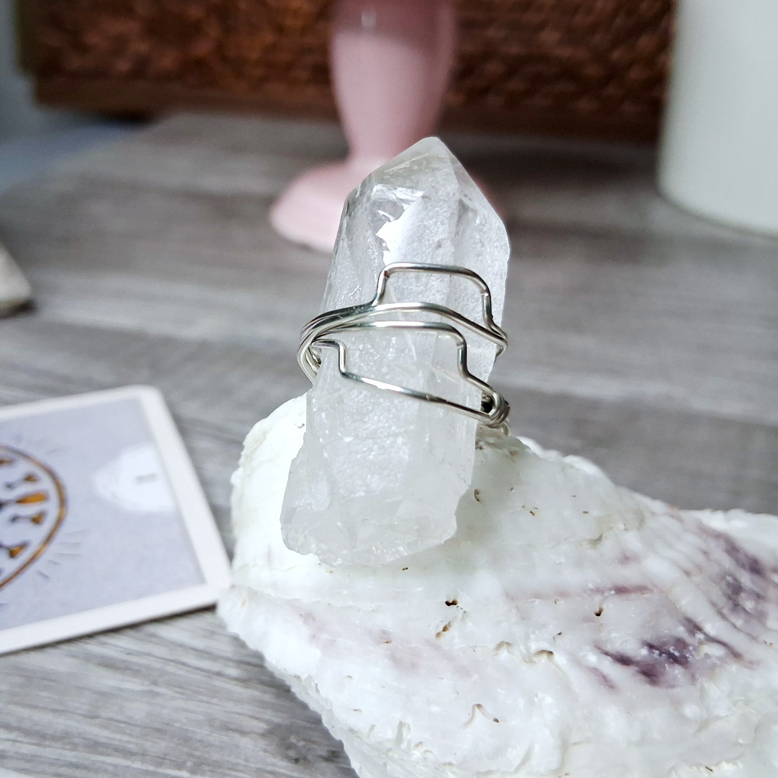 Large Clear Quartz Crystal Point Statement Ring, Wire Wrapped Size 7.5