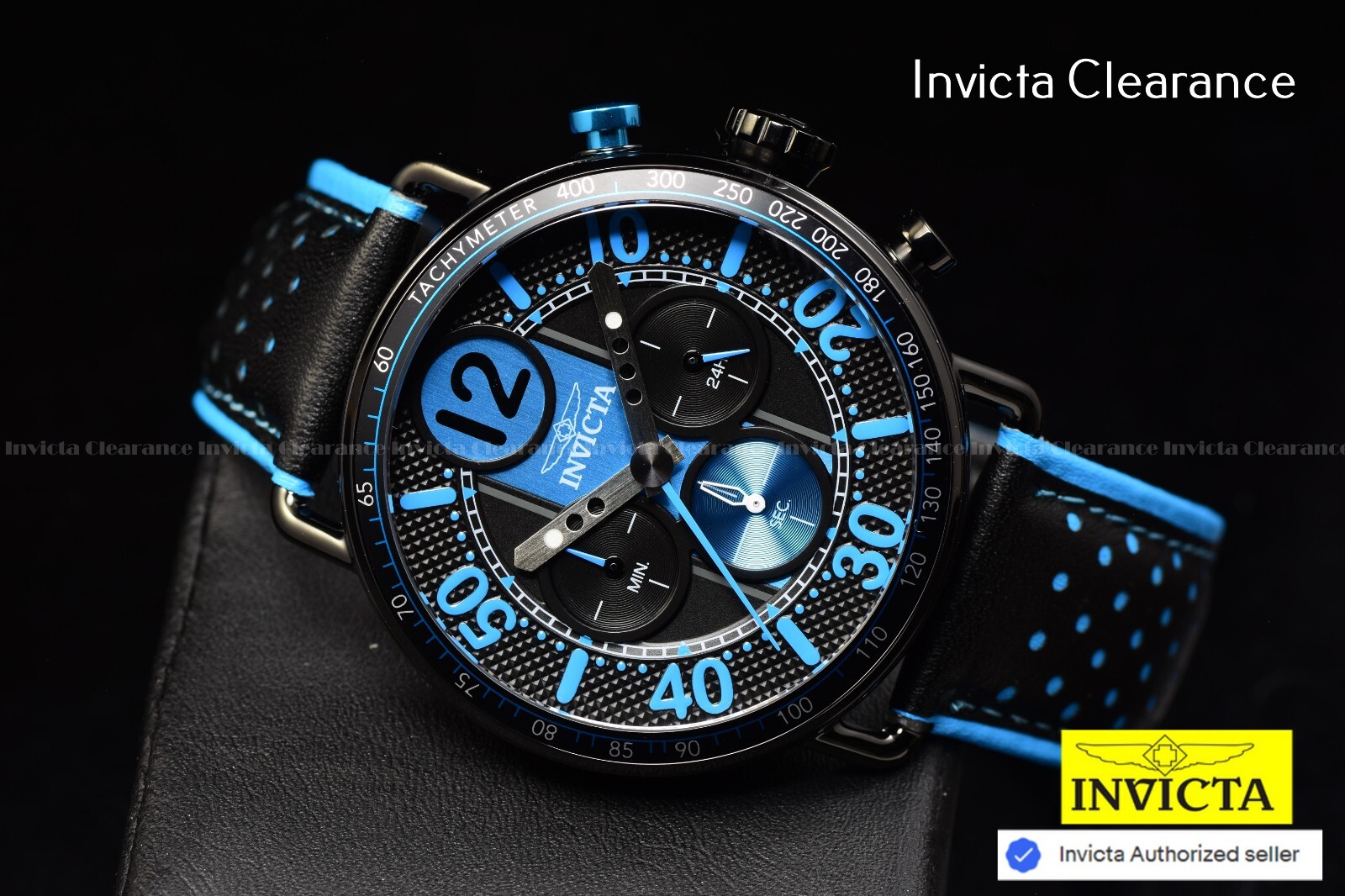 NEW Invicta Men’s Racing 44mm Quartz Blue/Black Tone Leather Strap SS Watch