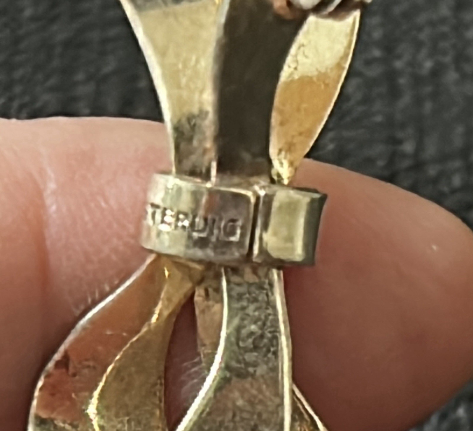 Vintage Very Light Gold Tone Over 925 Sterling Silver Bow Brooch Signed STERLING