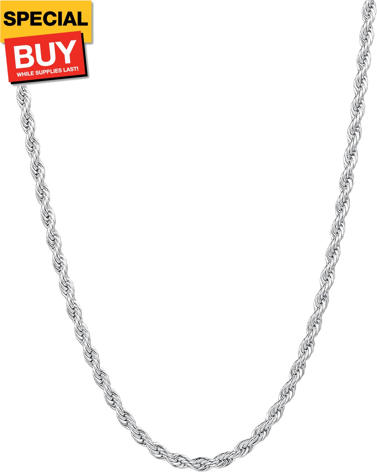 3mm Rope Chain Necklace for Men, Silver Tone Mens Chain Necklace, Stainless Stee
