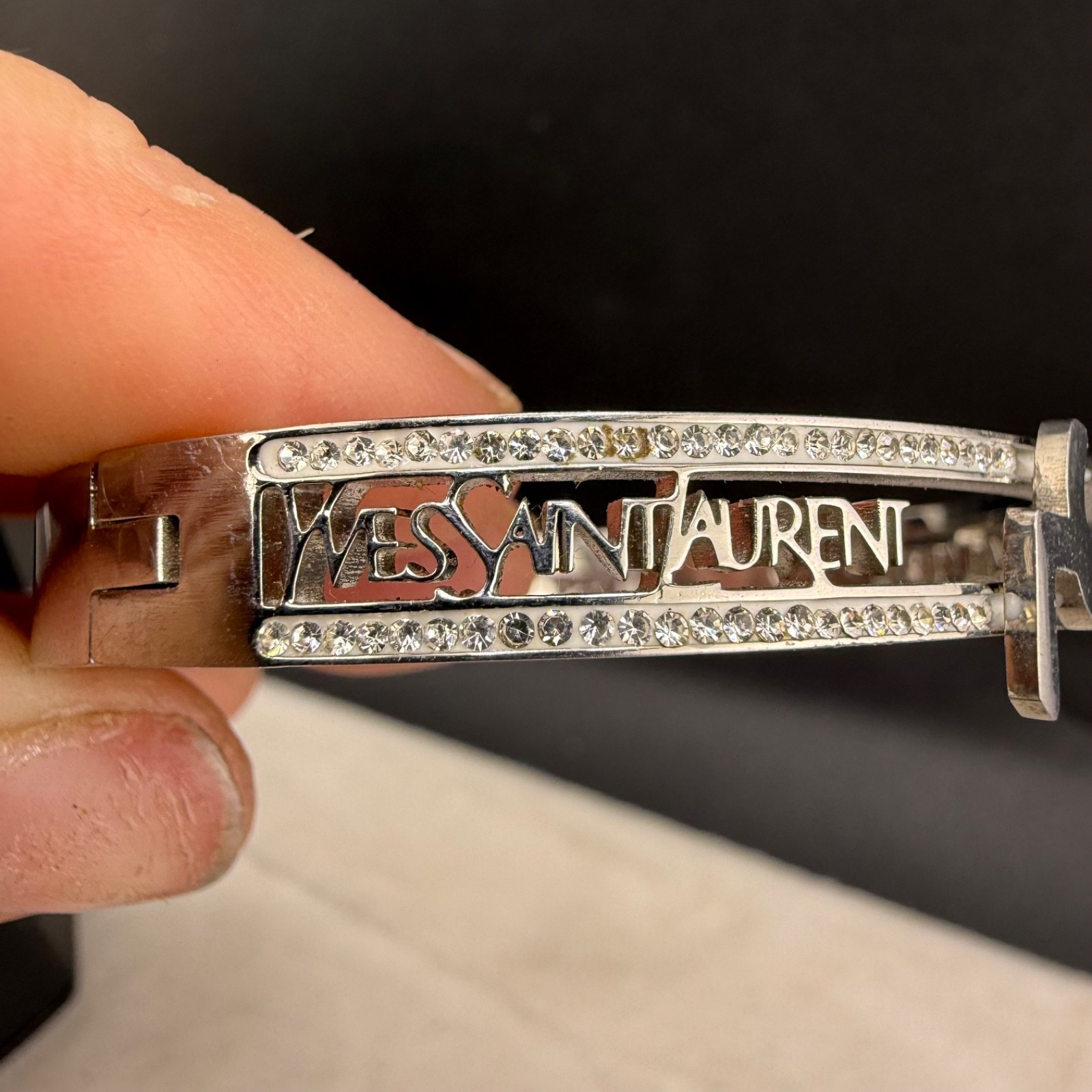 Vintage YSL Yves Saint Laurent Bangle Bracelet Silver Tone Rhinestone 6.5”