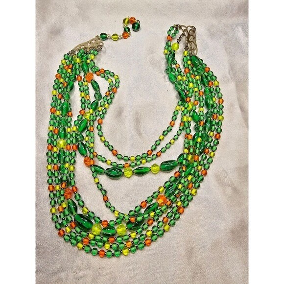 Vintage Multi Strand Beaded Bib Necklace Green Orange Yellow Glass Tiers Boho