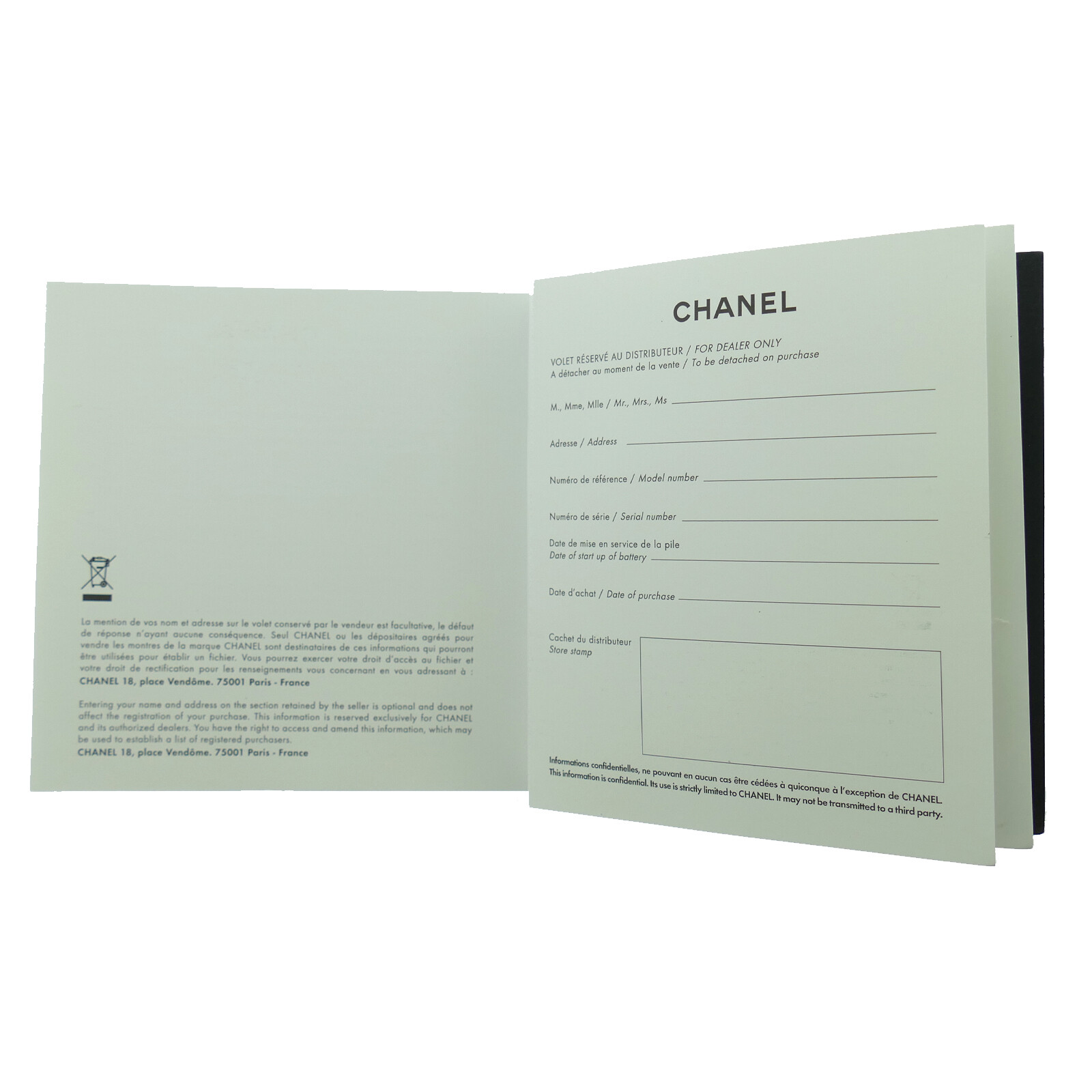 CHANEL CERTIFICATE OF AUTHENTICITY / INT’L GUARANTEE BOOKLET – OPEN CERTIFICATE