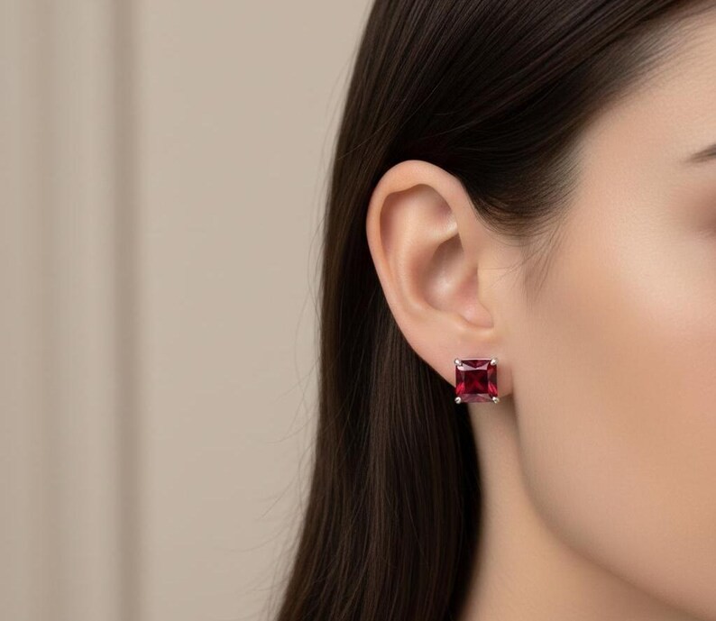 Red Square Stud Earrings | 925 Sterling Silver, Unisex Minimalist