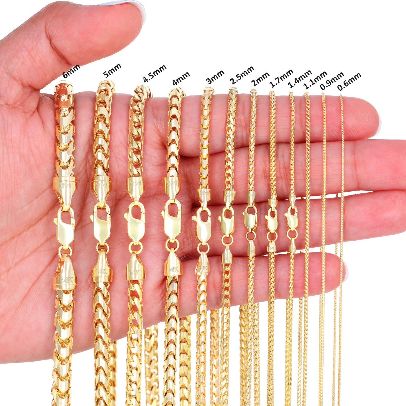14K Yellow Gold Solid Franco 0.6mm-6mm Diamond Cut Spiga Chain Necklace 16″- 30″