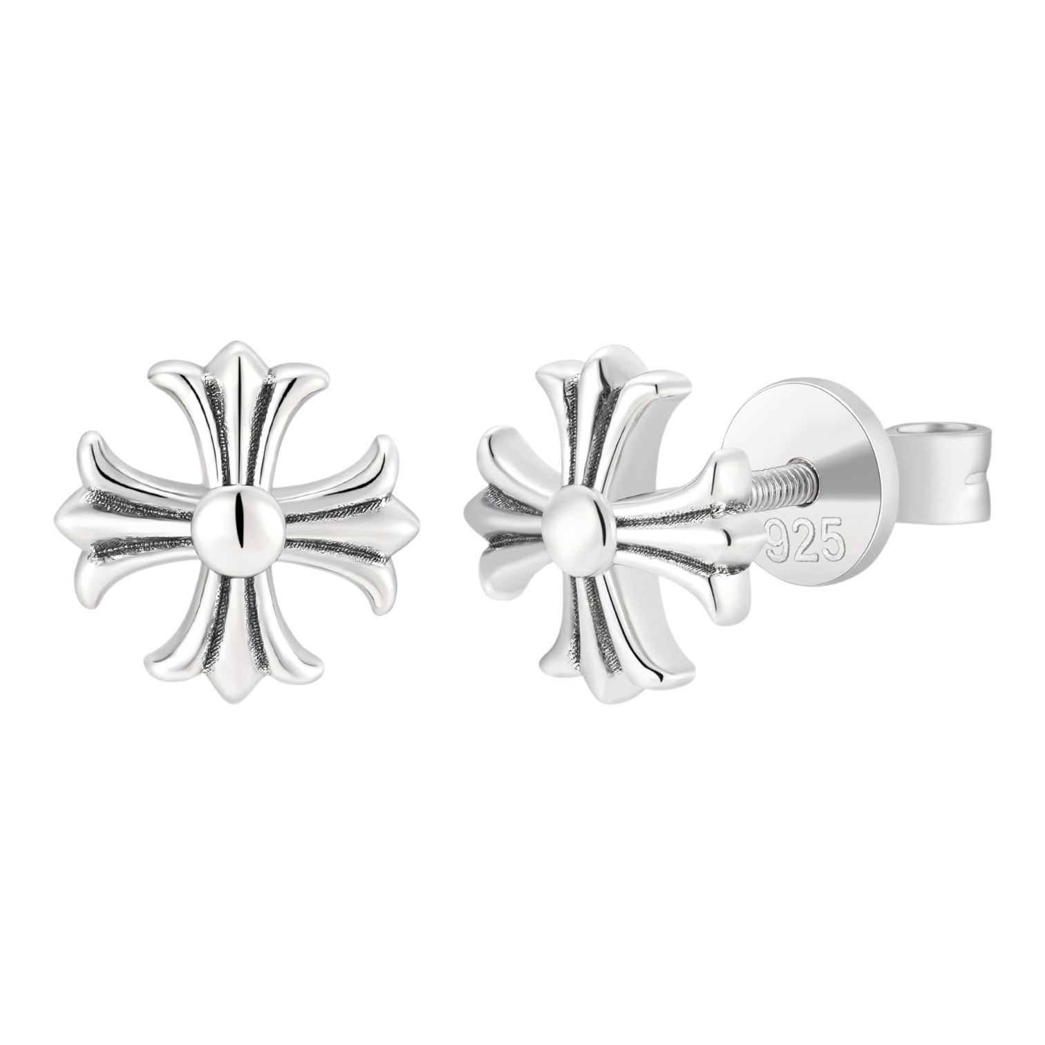 Real Solid 925 Silver Men Hearts Of Chrome Star Oxidized Earrings Plain Studs