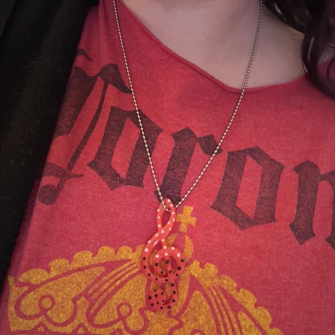 Handmade red treble clef charm necklace with black and white polkadots