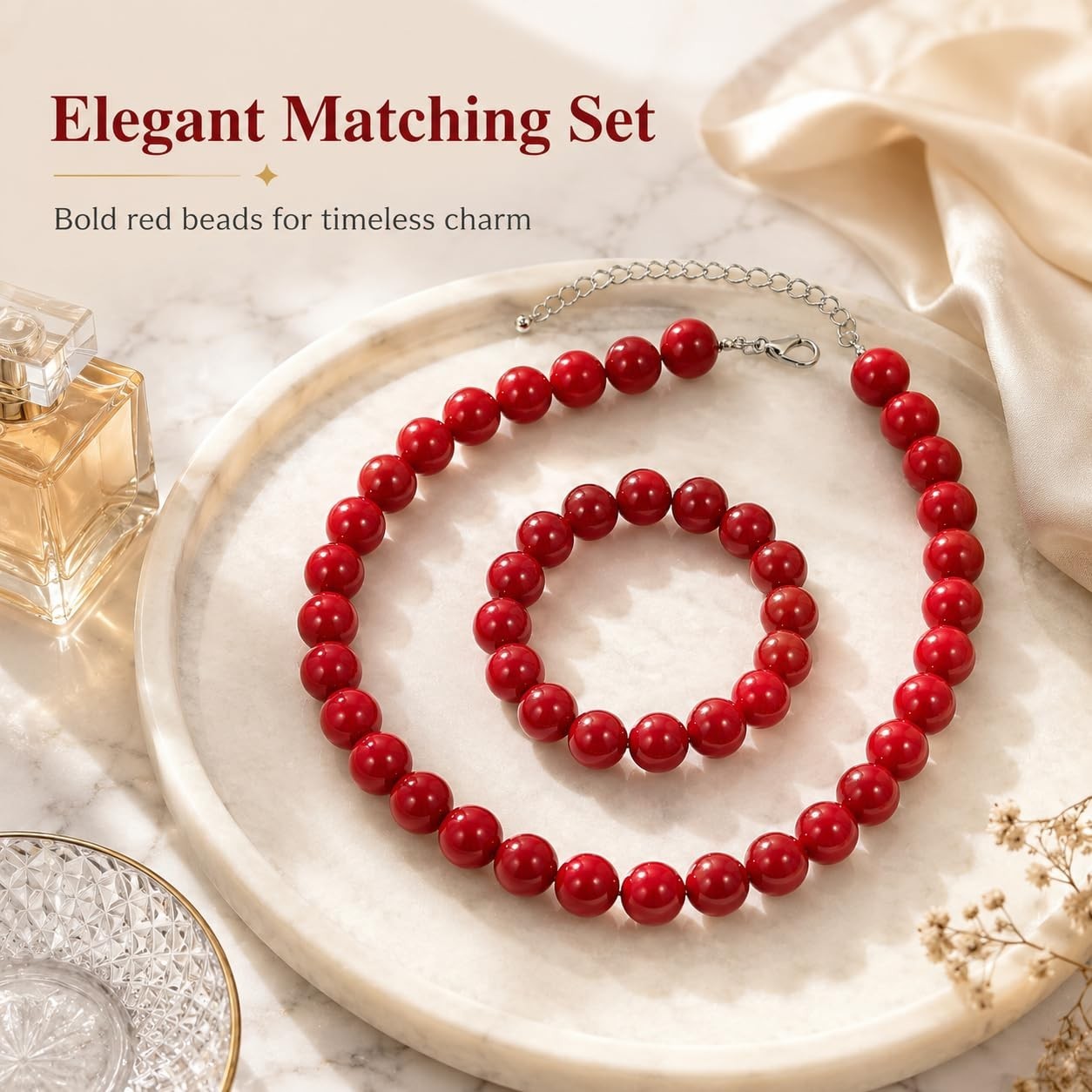 Chunky Red Beaded Necklace for Women – Adjustable 16MM Pearl Choker, Boho Statem