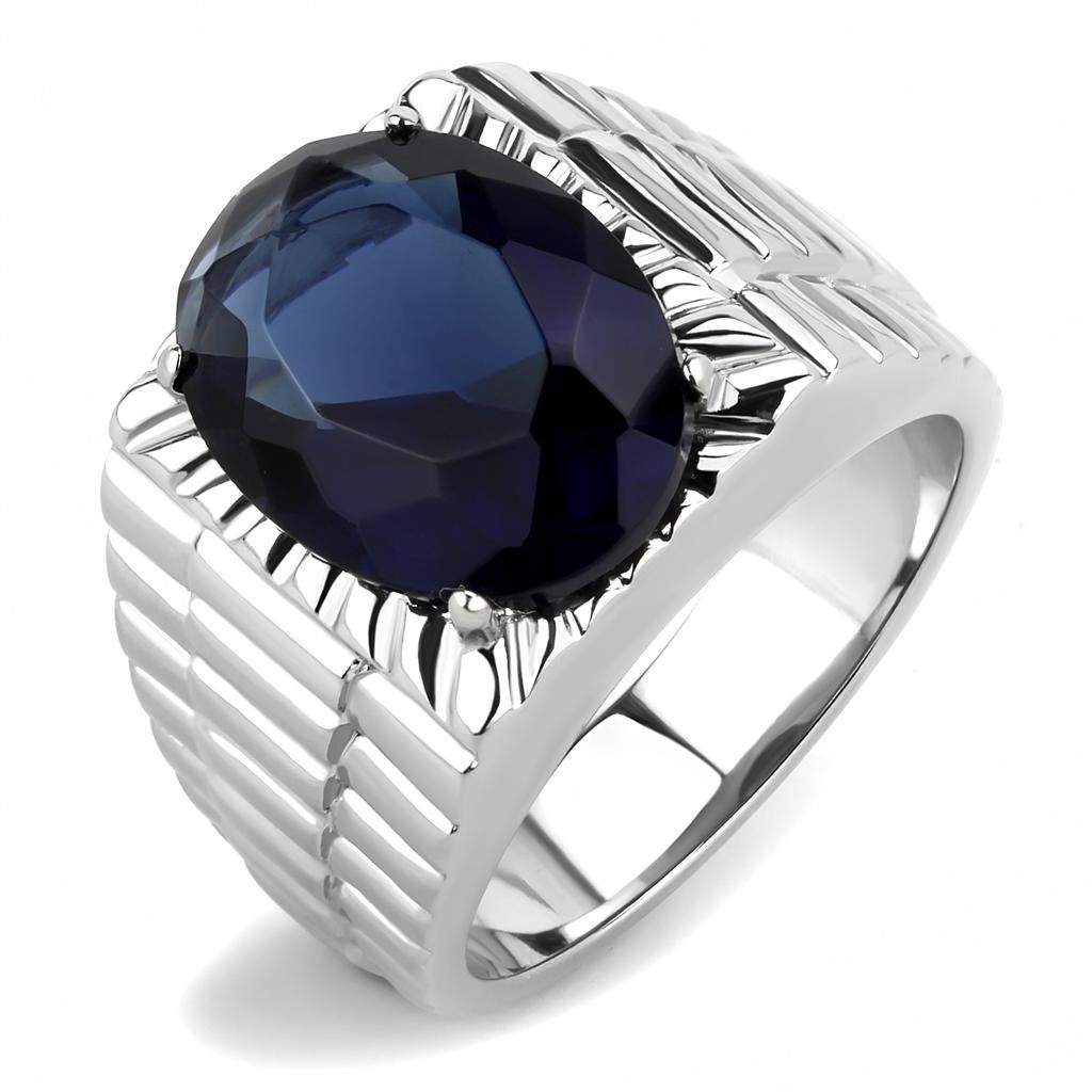 Men’s Ring, Blue Glass, Stainless Steel, Bold Design, Statement Ring