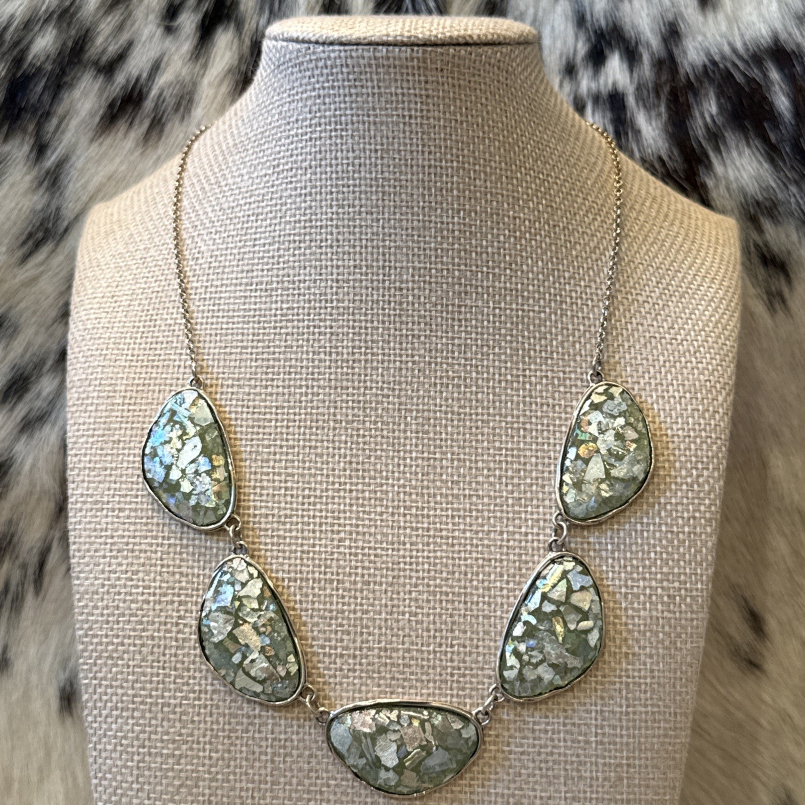 Vintage ROMAN GLASS Sterling Silver Statement Necklace Lirm Israel 925 18in