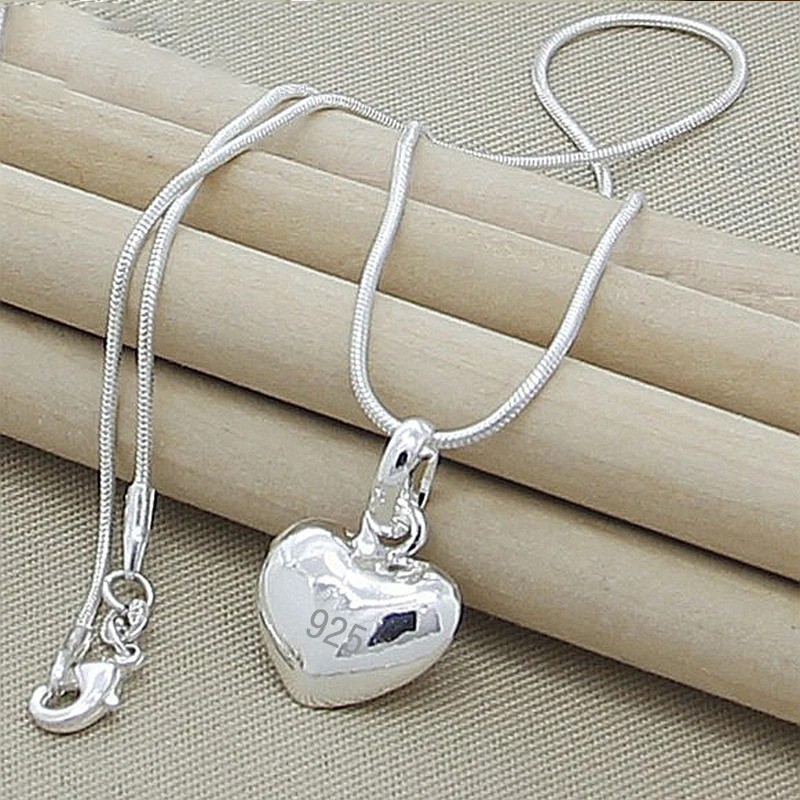 925 Sterling Silver Heart Pendant Necklace Women Snake Chain 16-30 Inch