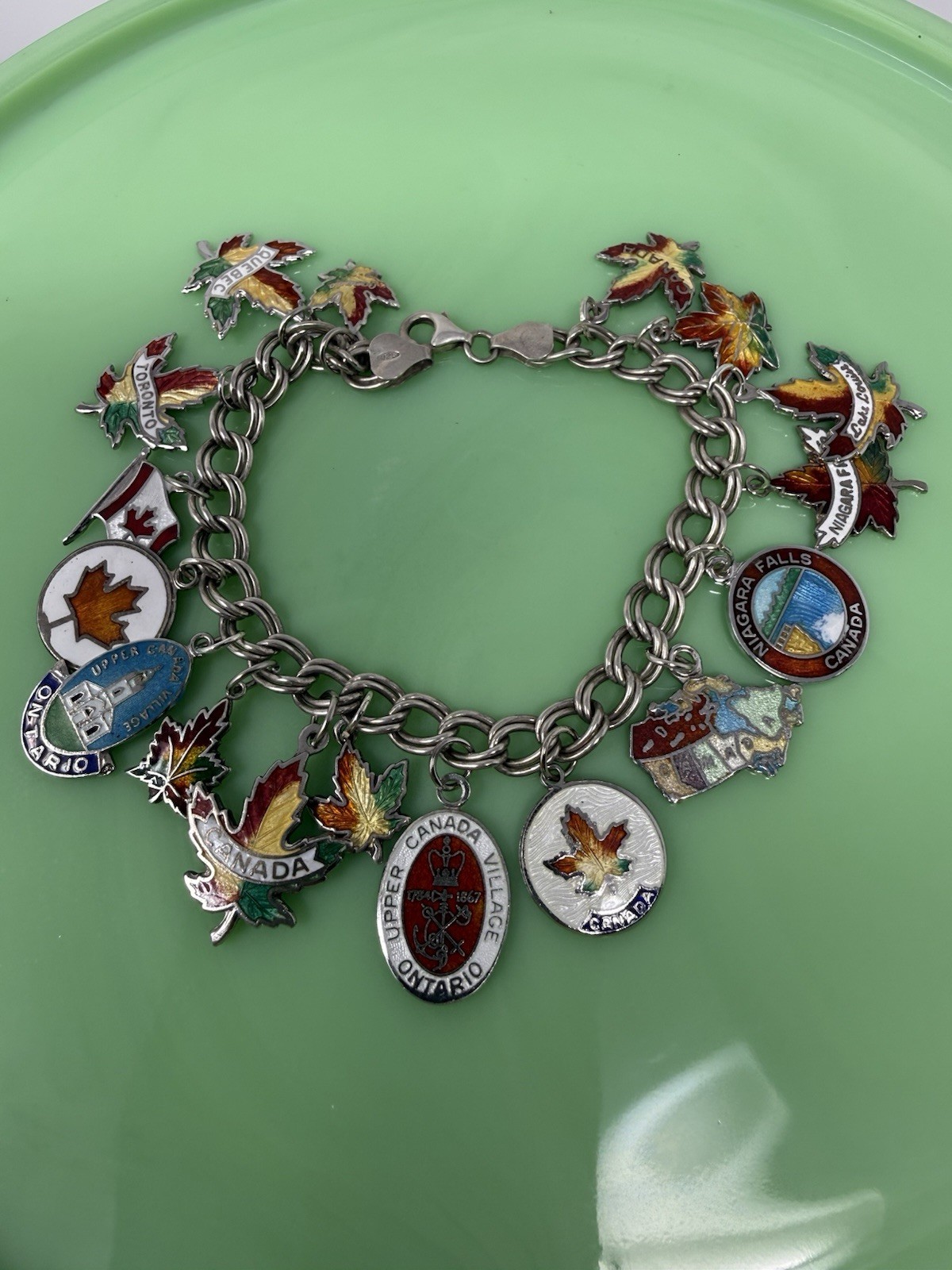Vintage Sterling Silver Enamel Canada Travel Maple Multi Charm Bracelet 43g