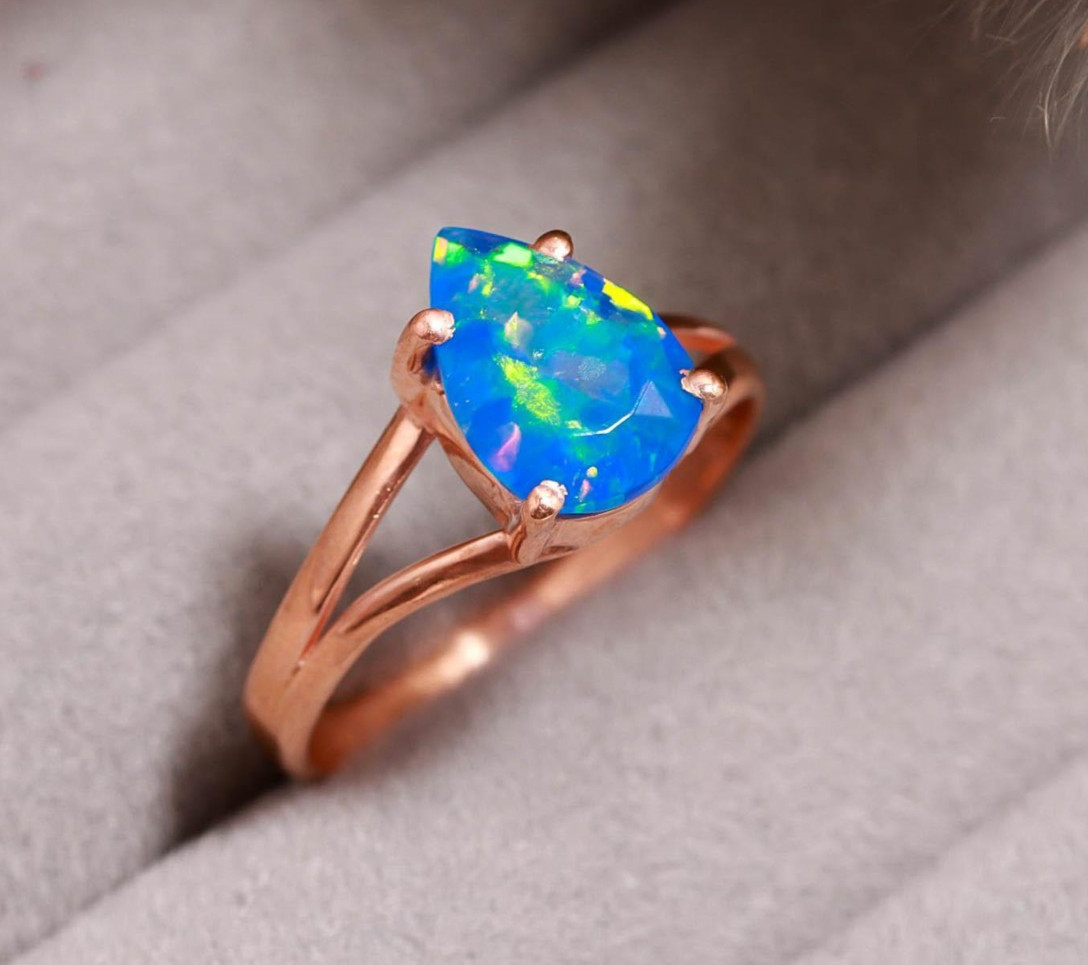 Natural Blue Opal Pear Shape Ring Rose Gold Fill Solid Silver Minimalist Jewelry