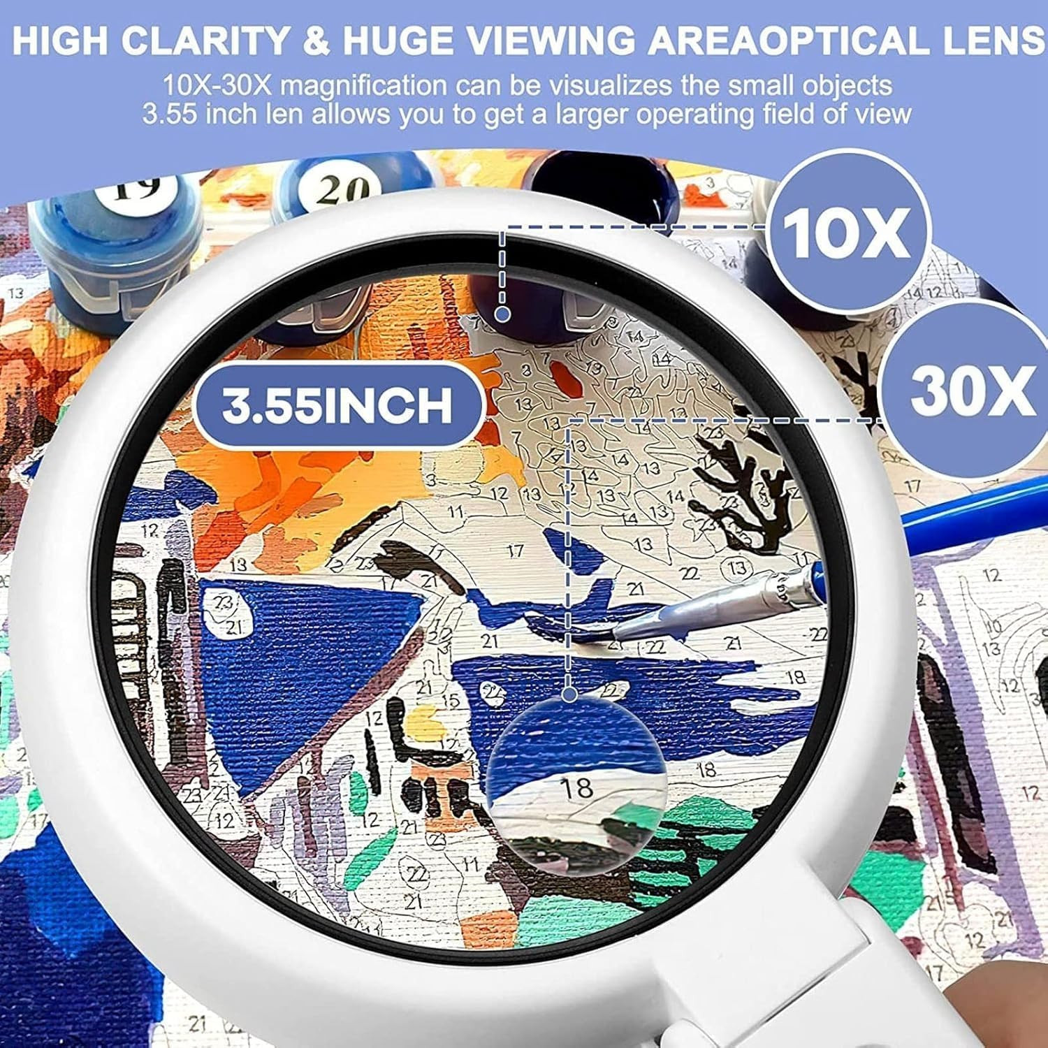 30X 10X Magnifying Glass with Light and Stand, Foldable Handheld Large Magnifyin