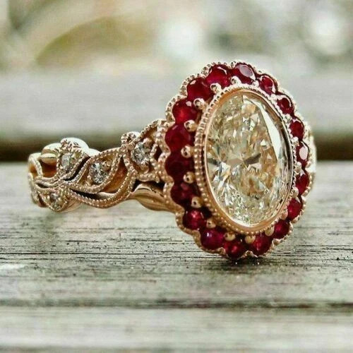 3Ct Oval Cut Lab Created Diamond & Red Ruby Engagement Ring 14K Rose Gold Plated