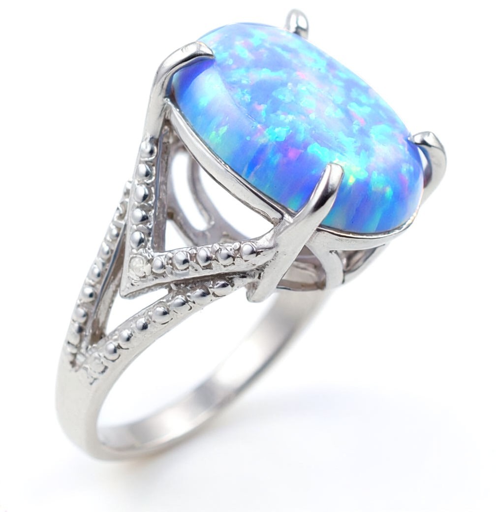 GENUINE 5.16 Cts BLUE OPAL & DIAMOND RING SOLID .925 SILVER -New With Tag