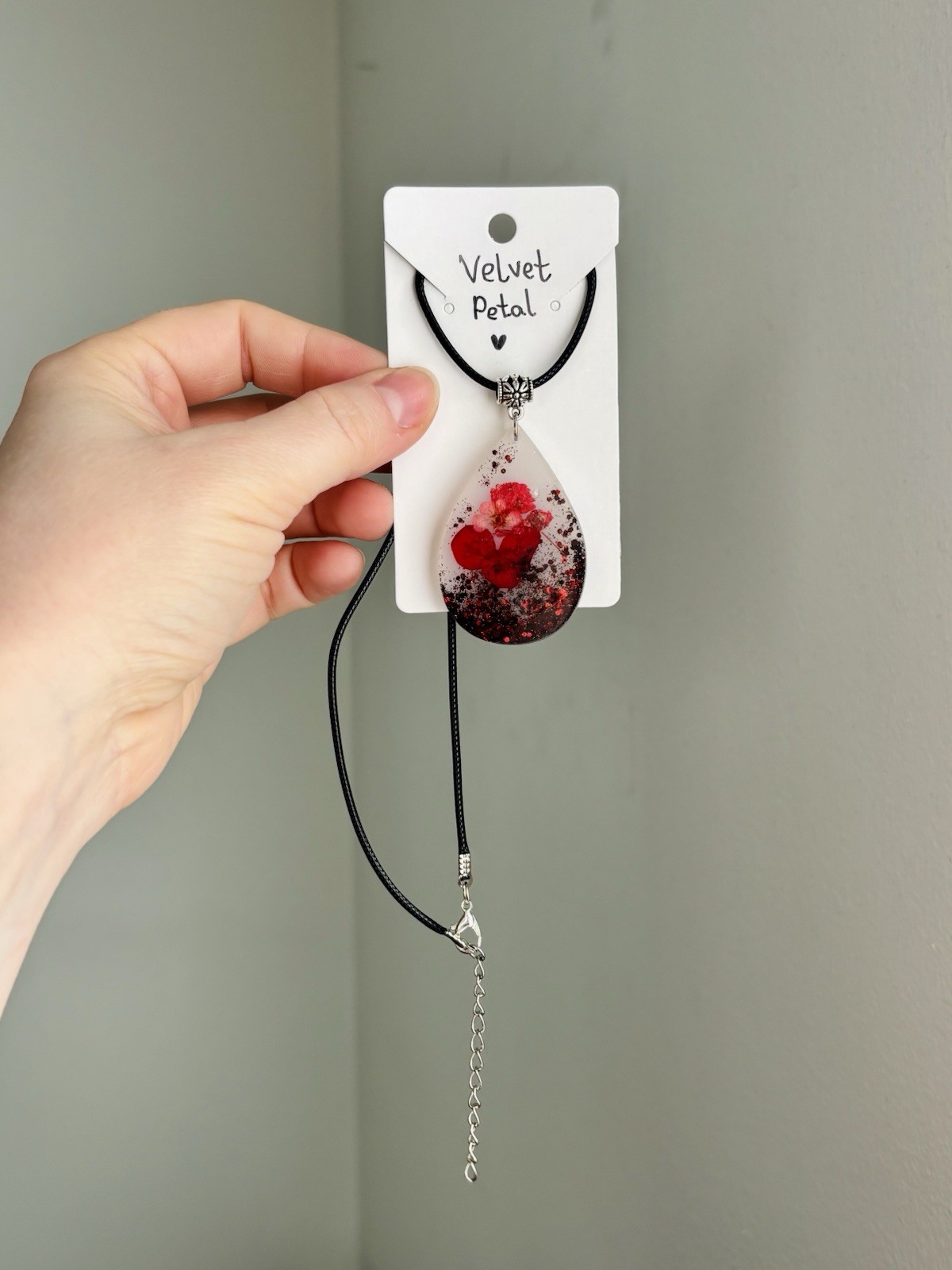 Velvet Petal Resin Necklace Handmade Real Flower Red Glitter Teardrop Pendant