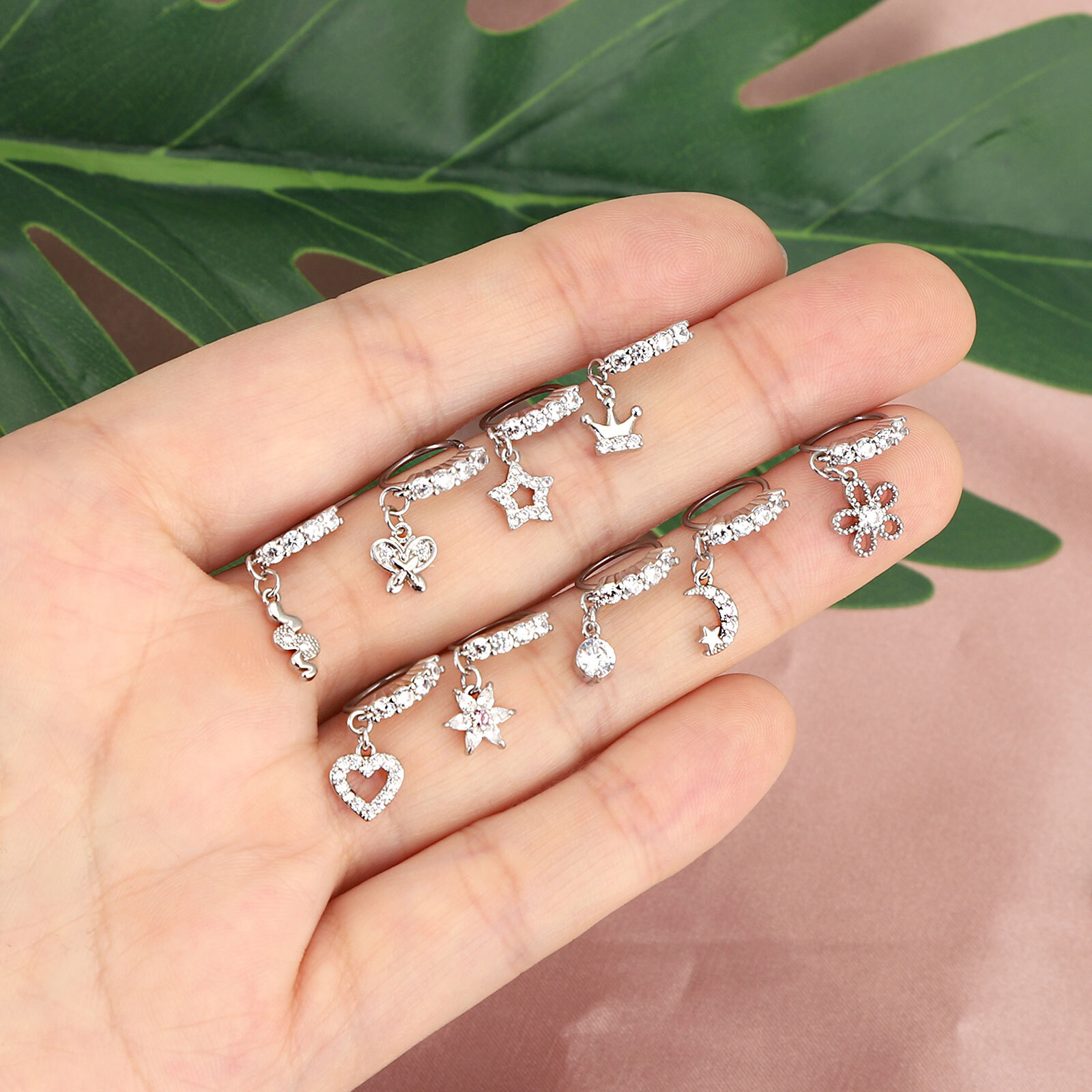 Dangle Nose Rings Hoops Butterfly Heart Moon Flower CZ Nose Piercing Jewelry 20G