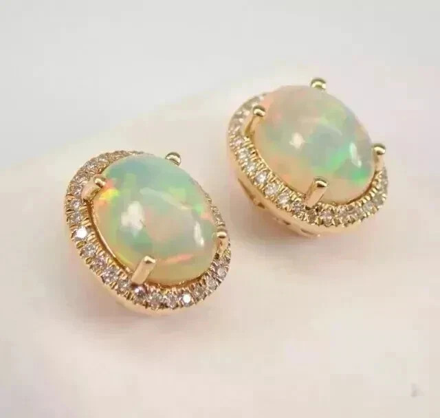 Natural Fire Opal 3.00Ct Oval Cut Halo Stud Earrings 14K Yellow Gold Plated