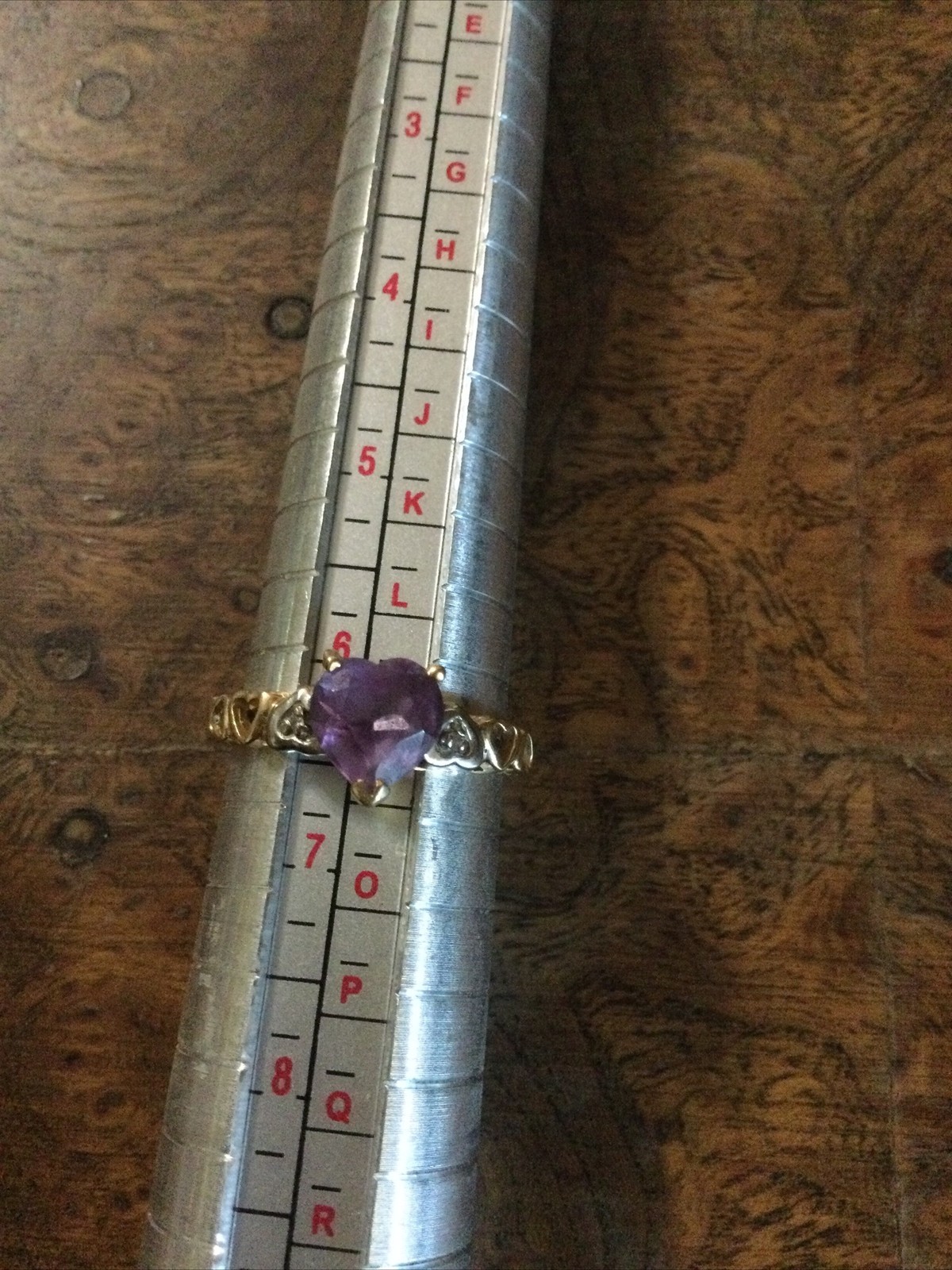 Yellow Gold 10k Purple Amythest Heart W/ Accent Diamond Chips Ring 6.25