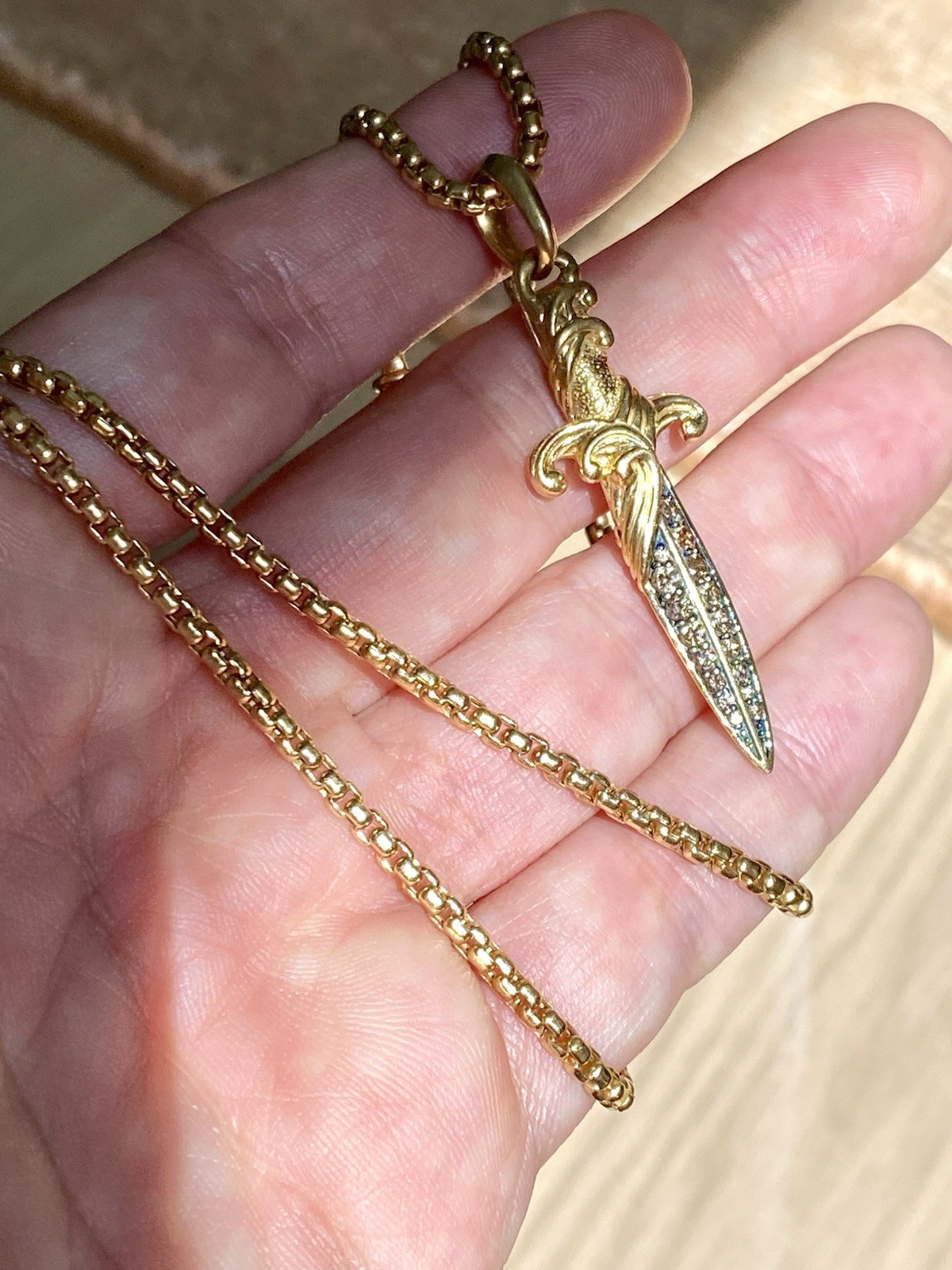 David Yurman 18k “ Gold Box Chain Necklace 2.7mm Diamond dagger 54mm $10,350