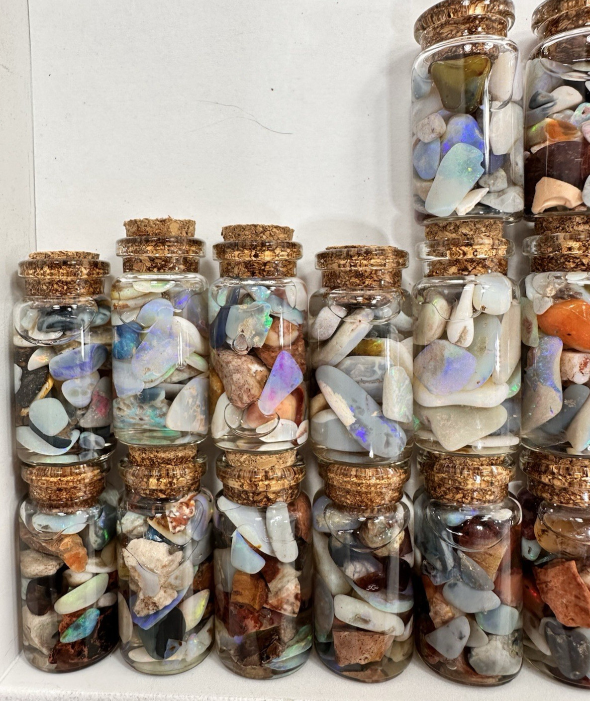 40 ct Premium Australian Coober Pedy Rough/Rubs Opals in Glass Bottles