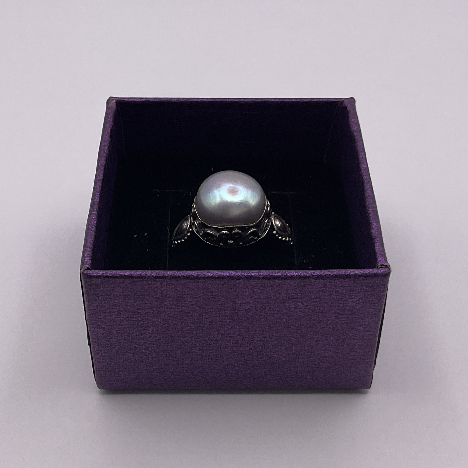 Vintage BA Suarti Bali Sterling Silver 925 Gray Mabe Pearl Ring Size 7.25 Design