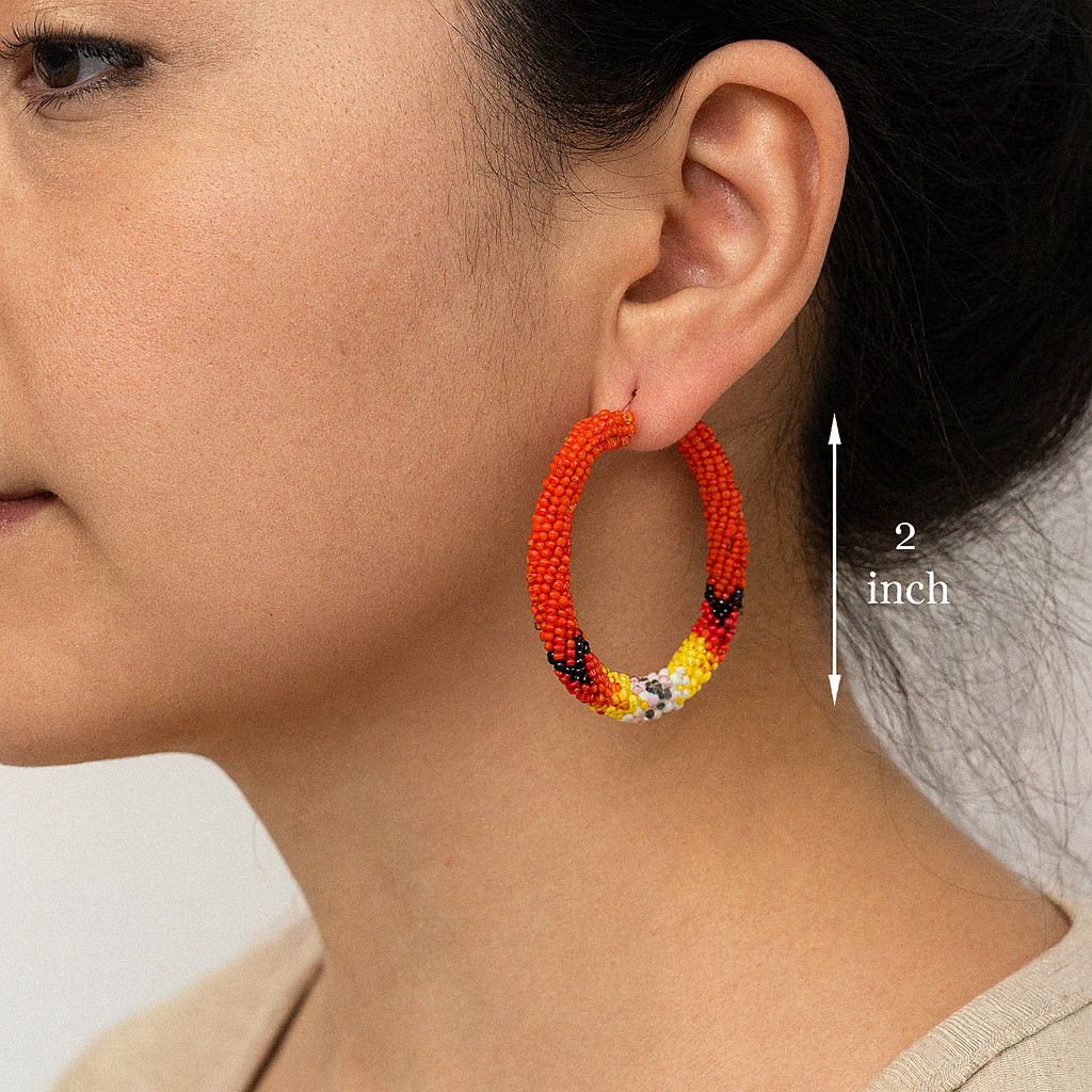 Handmade Red and Multicolor Native-Style Hoop Earrings 2”