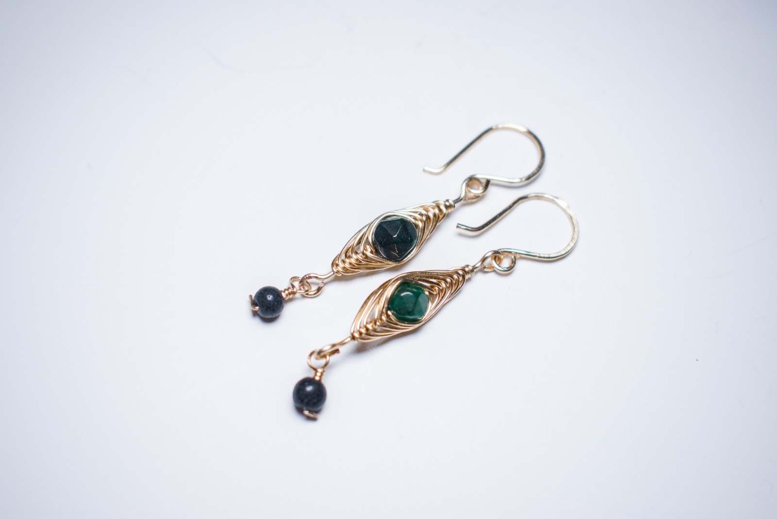 Gold Herringbone Earrings with Green & Black Beads