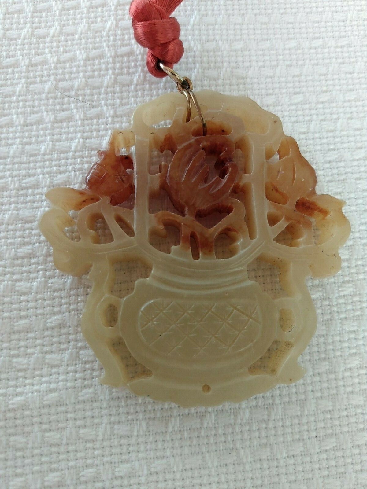 2 Estate Carved Green & Orange/Tan Fine Jade Floral Large Pendant Cord Necklaces
