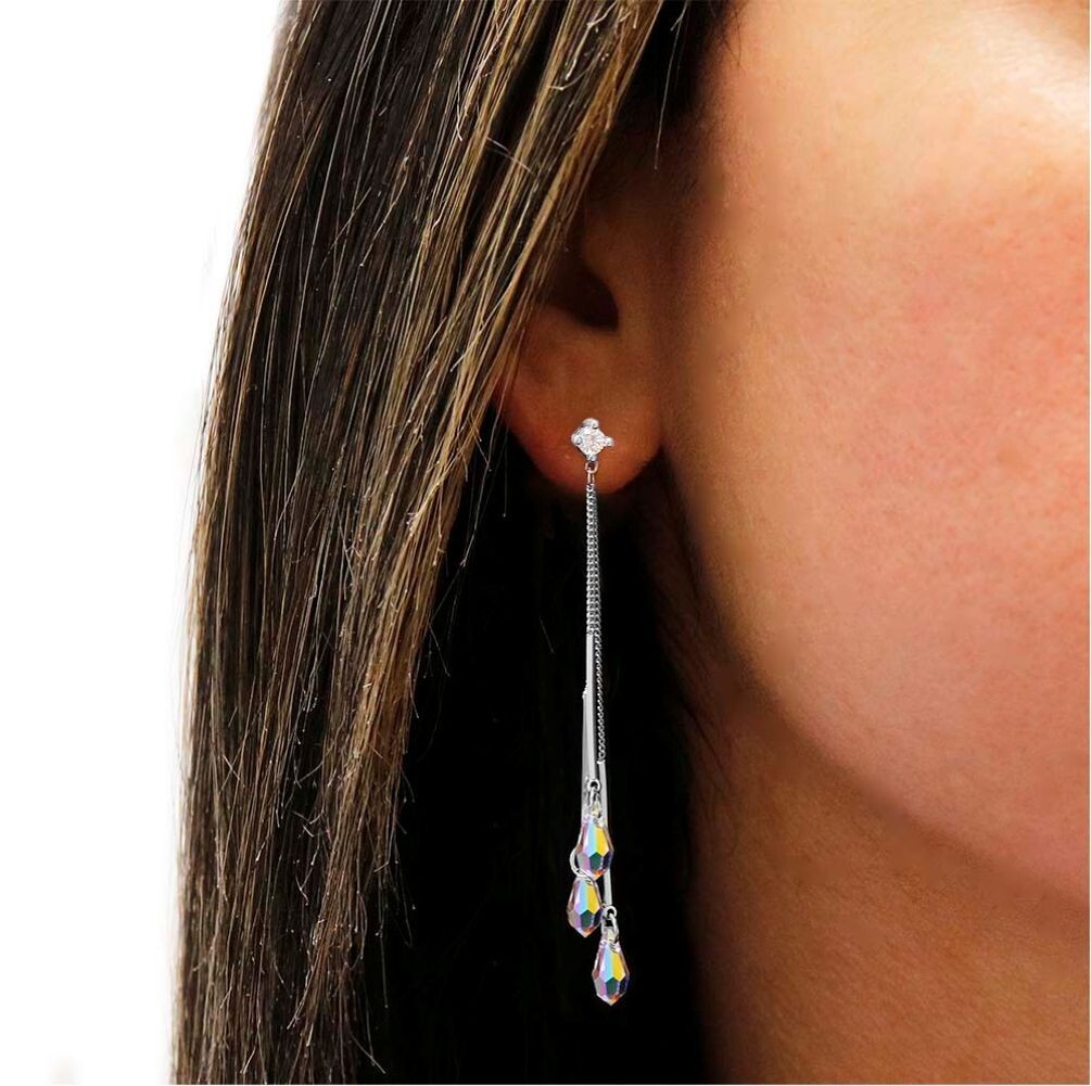 18k White Gold Plated Aurora Borealis Teardrop Cut Crystal Drop Earrings