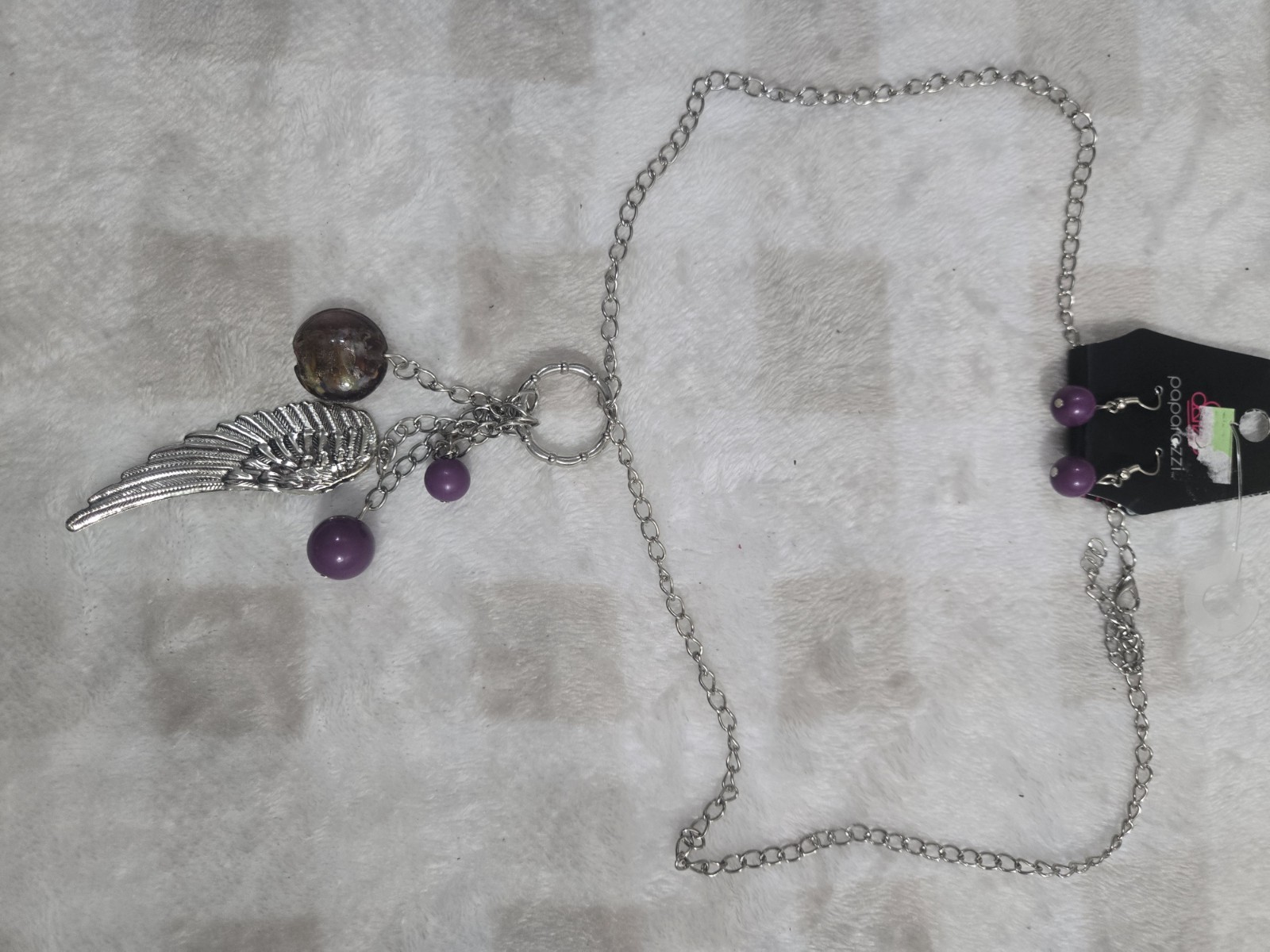 Paparazzi Silver Tone Angel Wing Charm Necklace with Purple Bead Dangles