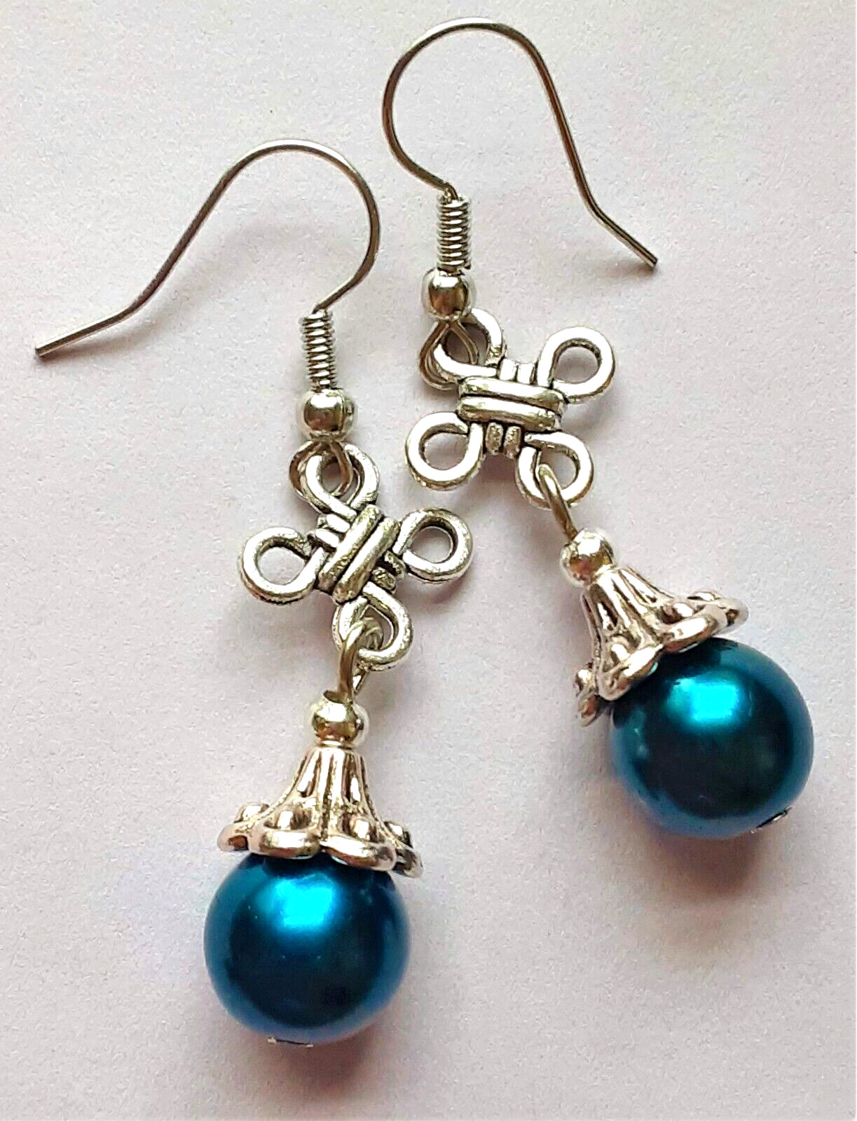 NAVY BLUE CELTIC KNOT GLASS PEARL drop earring SP FISH hook WPGH15