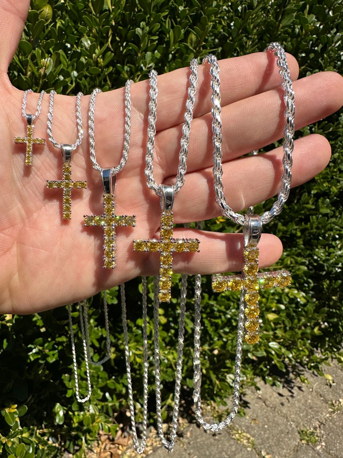 Yellow Canary MOISSANITE Real 925 Silver Cross Iced Pendant Necklace Hip Hop